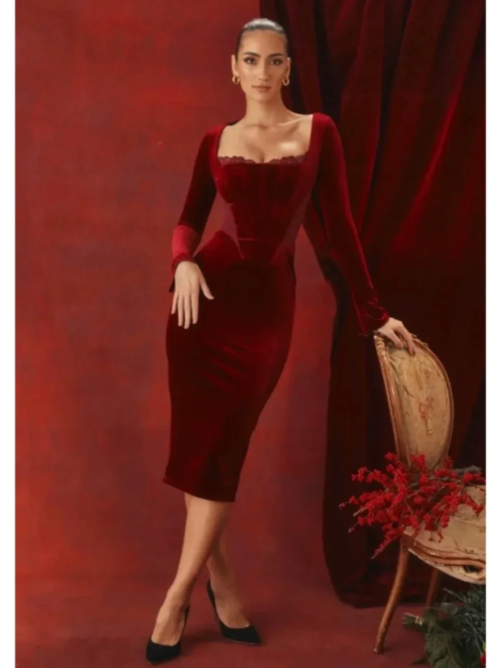 NEW House of CB Solaine Velvet Dress Wine Large